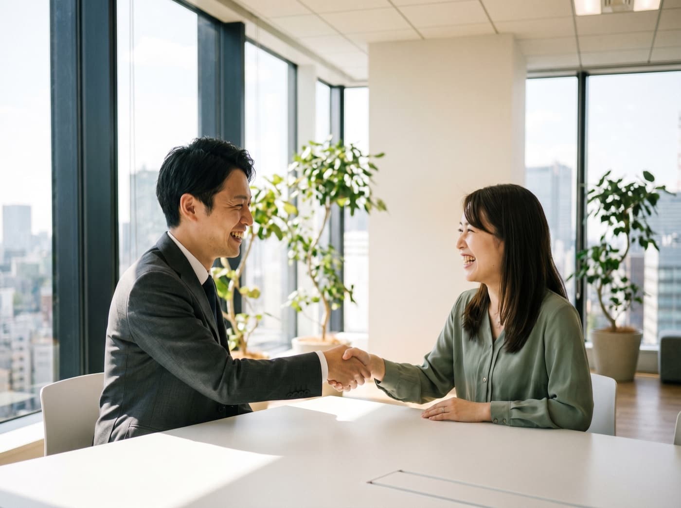 商談シーン: 笑顔で握手を交わすビジネスパーソン